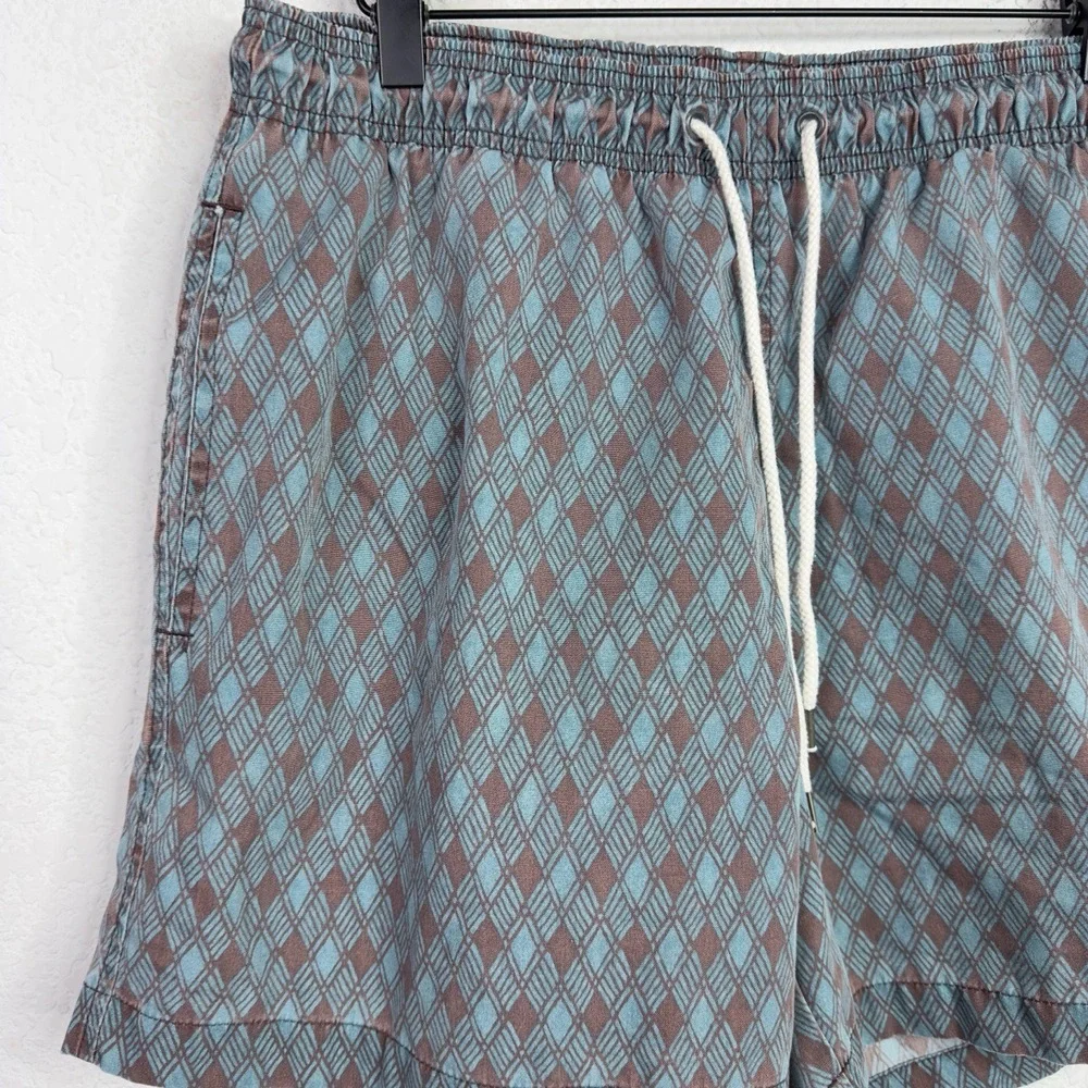 Faherty Swim Trunks Mens L Blue Abstract Diamond Pattern Drawstring Beach Shorts